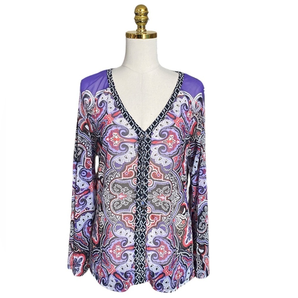 INC International Concepts Vtg Paisley Print Lace-Up Long Sleeve Mesh Y2K Top XL